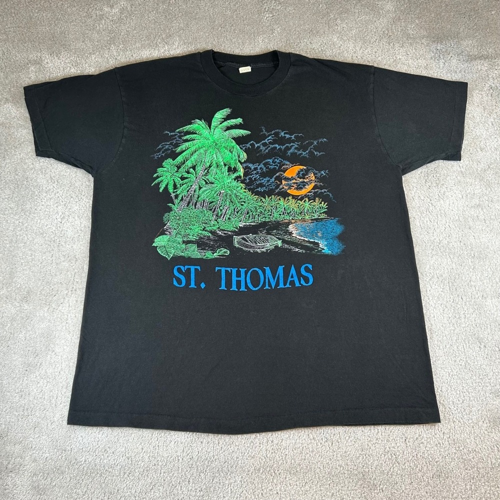 Vintage 90s Screen Stars St Thomas Graphic T-Shirt Mens XXXL Black Single Stitch